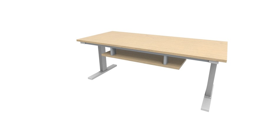 Dansk Maple benchtop + grey frame and lifting columns + Dansk Maple shelf