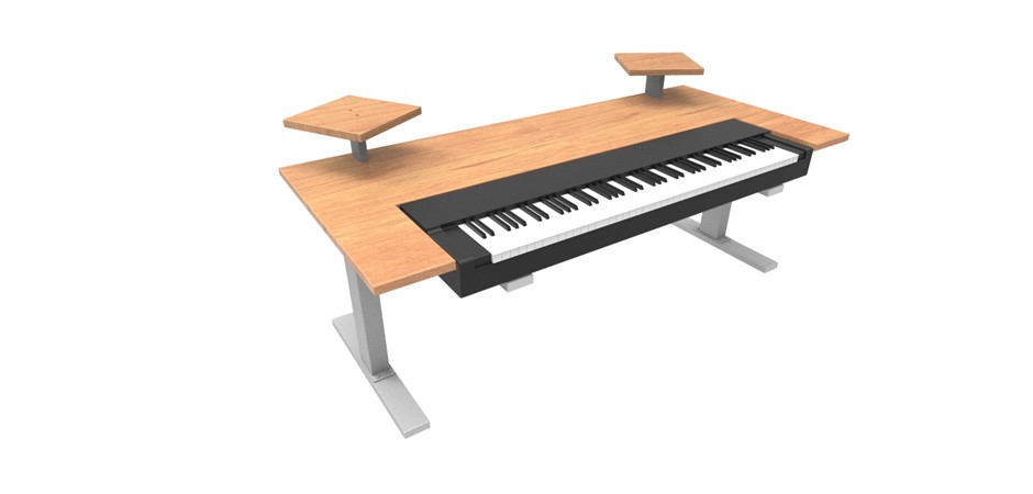 Young Beech benchtop + grey frame and lifting columns +  Young Beech speaker shelves + keyboard/midi cut-out and platforms