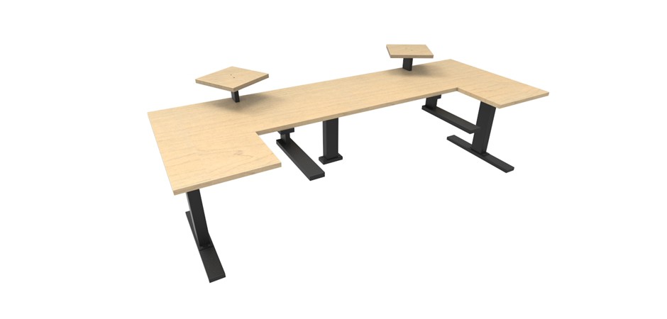 Dansk Maple benchtop + black frame and lifting columns +  Dansk Maple speaker shelves + keyboard/midi cut-out and platforms