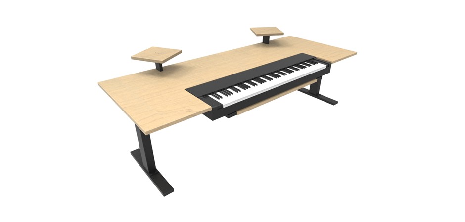 Dansk Maple benchtop + black frame and lifting columns +  Dansk Maple speaker shelves + keyboard/midi cut-out and platforms including pull out shelf