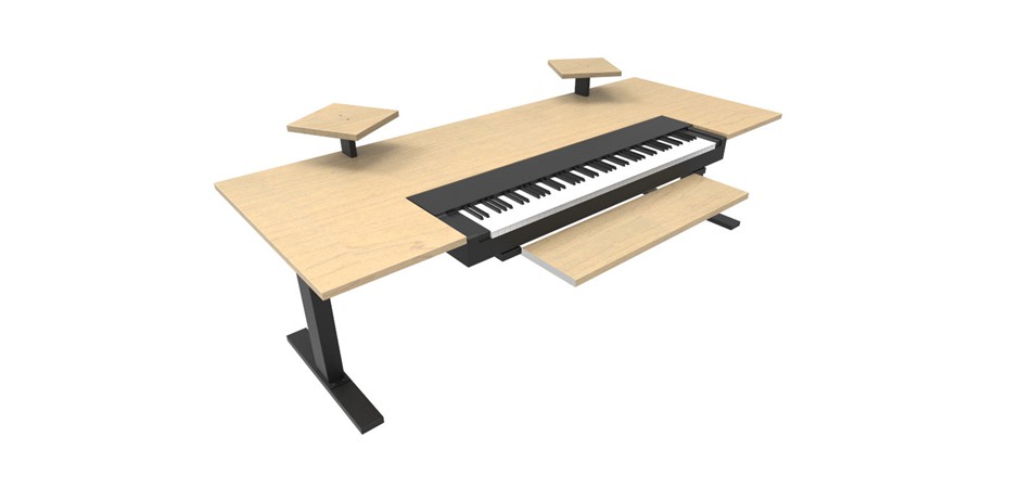 Dansk Maple benchtop + black frame and lifting columns +  Dansk Maple speaker shelves + keyboard/midi cut-out and platforms including pull out shelf