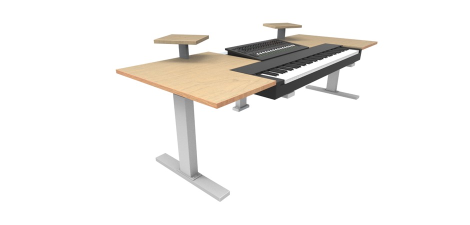 Dansk Maple benchtop + black frame and lifting columns +  Dansk Maple speaker shelves + keyboard/midi cut-out and platforms including pull out shelf + mixer recess